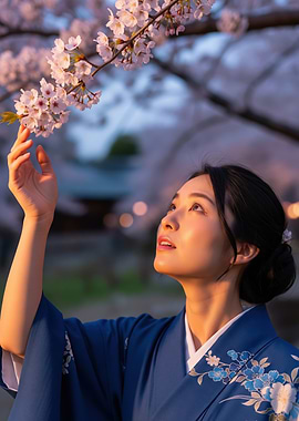 Woman in Kimono with Cherry Blossoms