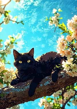 Black cat on a tree branch with flowers