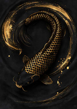 Golden Koi Fish on Black Background