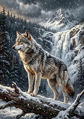 Wolf Standing on Fallen Log in Winter Forest