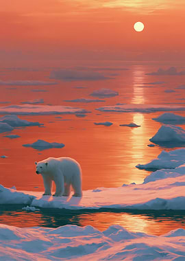 Polar Bear on Ice Floe at Sunset