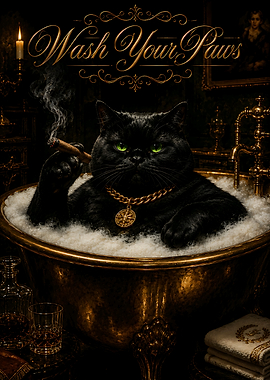 Black Cat Bathroom Decor Funny Rules Golden Bathtub Smoking Cigar