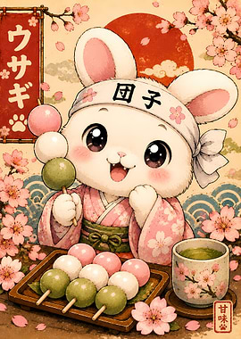 Cute Rabbit with Dango and Tea