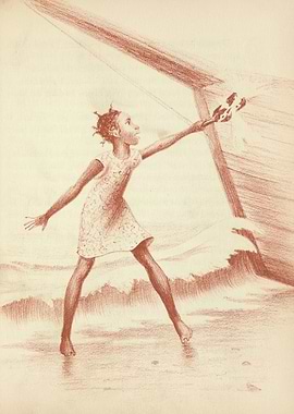 Girl reaching for a shell in the waves