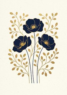 Dark Blue Poppies with Gold Leaves