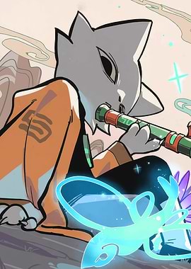 Anthropomorphic character playing a flute