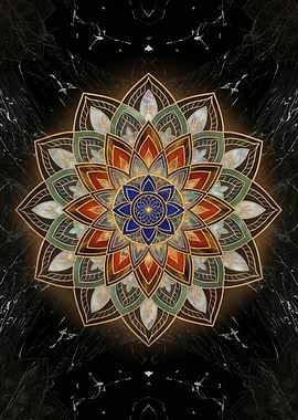 Intricate Mandala Design on Black Marble