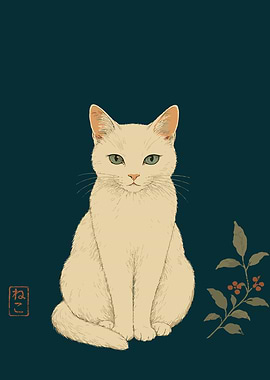White Cat with Green Eyes and Berries