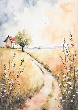 Watercolor Landscape with House and Path