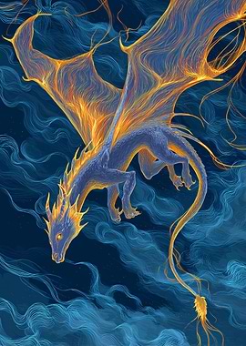 Fiery Dragon in Blue Clouds