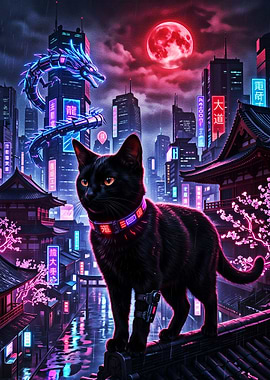 Cyberpunk Black Cat Neon Tokyo