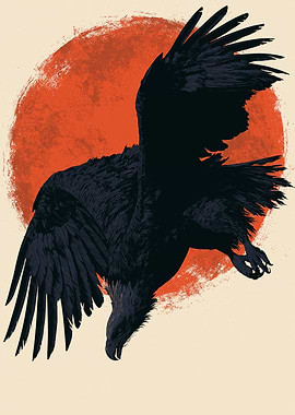 Black Eagle Diving Against Orange Sun