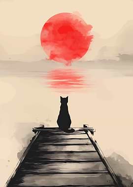 Black Cat Watching Red Sun Over Water