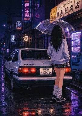 Girl with Umbrella and AE86 in Rainy City