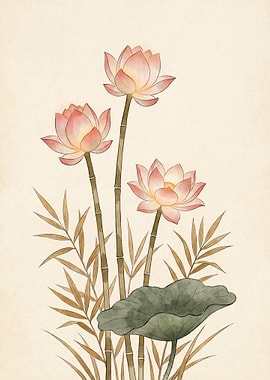 Watercolor Lotus Flowers and Bamboo