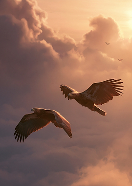 Eagles soaring at sunset