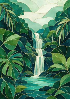 Jungle Waterfall with Tropical Leaves