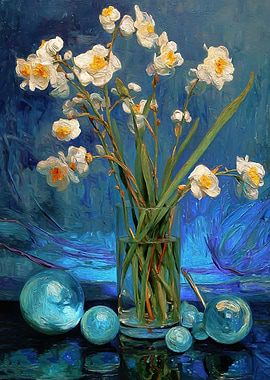Daffodils in a Glass Vase with Blue Orbs