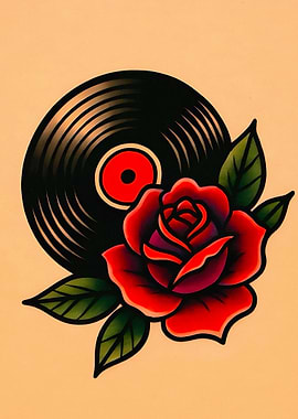Vinyl Record and Rose Tattoo Art