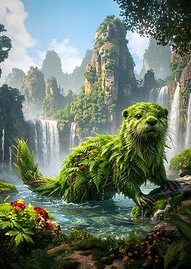 Otter in Waterfall Landscape