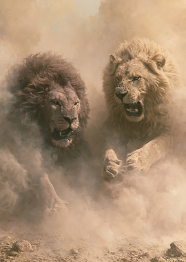Two Lions in a Dust Storm