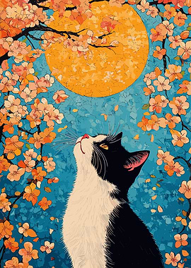 Tuxedo Cat Under Cherry Blossoms