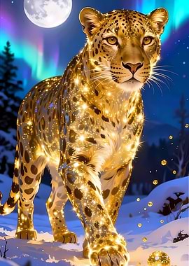 Golden Leopard Under Aurora