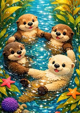 Four Cute Otters Swimming in Kelp Forest