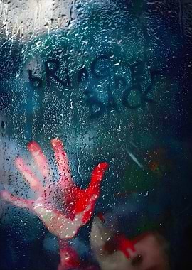 Bloody Hand on Rainy Window