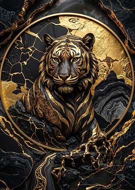 fantasy Golden Tiger on Black Marble