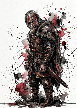 Viking warrior with sword and fur cloak