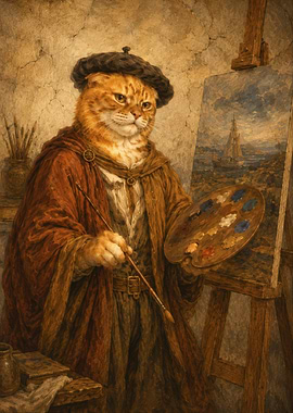 Anthropomorphic Cat Artist Painting