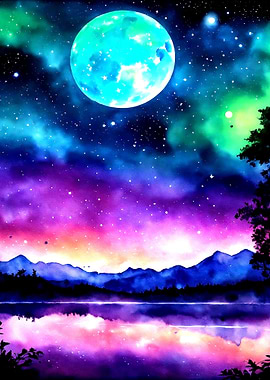Vibrant Cosmic Landscape with Moon Reflection