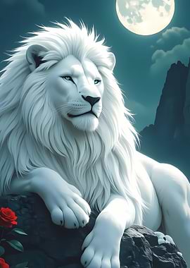 Majestic White Lion Under the Moon