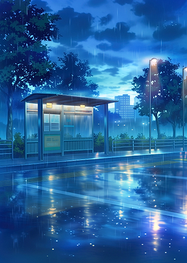 Rainy Bus Stop at Night