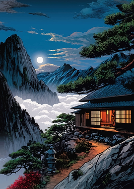 Moonlit Japanese Mountain Pagoda