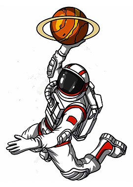 Astronaut playing basketball with Saturn