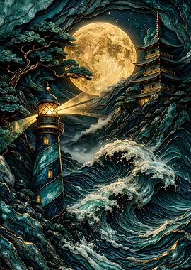 Mystical Lighthouse and Pagoda under a Full Moon