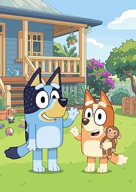Bluey and Bingo in the backyard