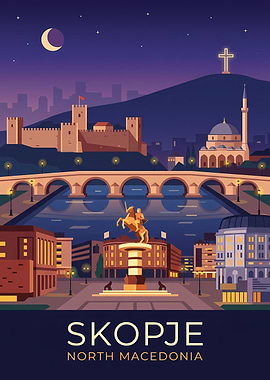 Skopje North Macedonia Cityscape at Night