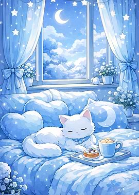 Cute Cat Sleeping on Bed with Moon and Stars