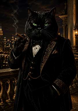 Black Cat Fathers Day Gift Balcony View Night Cityscape Smoking Cigar