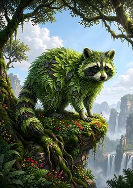 Raccoon Covered in Greenery on Cliff