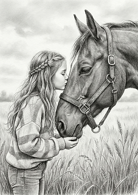 Girl kissing a horse in a field