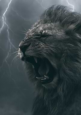 Lion Roaring in Lightning Storm