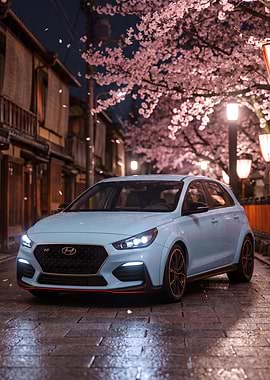 Blue Hyundai i30 N in Kyoto Cherryblossom