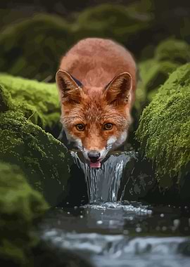 Fox Drinking Water from Stream