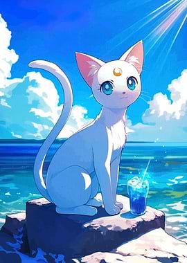 Luna Cat with Blue Drink by the Sea