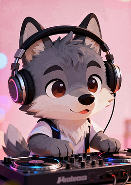 Cute Wolf DJ with Headphones