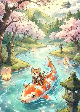 Cat Riding Koi Fish in Cherry Blossom Stream